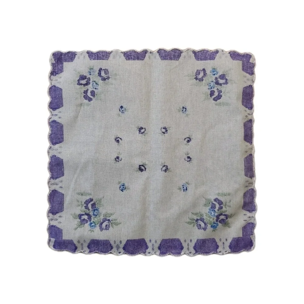 Linen Purple Rose Floral‎ Handkerchief Scalloped Cottage Core Bridesmaid Granny